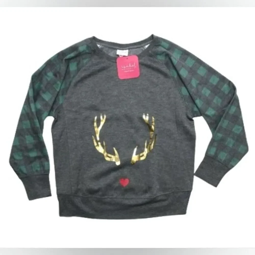 Isabel Maternity Plaid Reindeer Tunic Sweatshirt Women's XXL Gray Teal Gold NWT